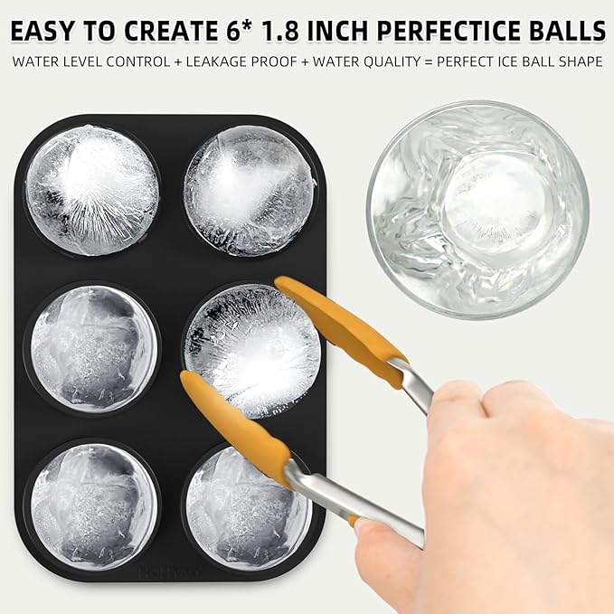 HONYAO Whiskey Ice Ball Mold - 1.8 Inch Silicone Maker With Individual Lid for Easy Fill and Release - 6 Round Sphere Molds for Cocktails and Bourbon