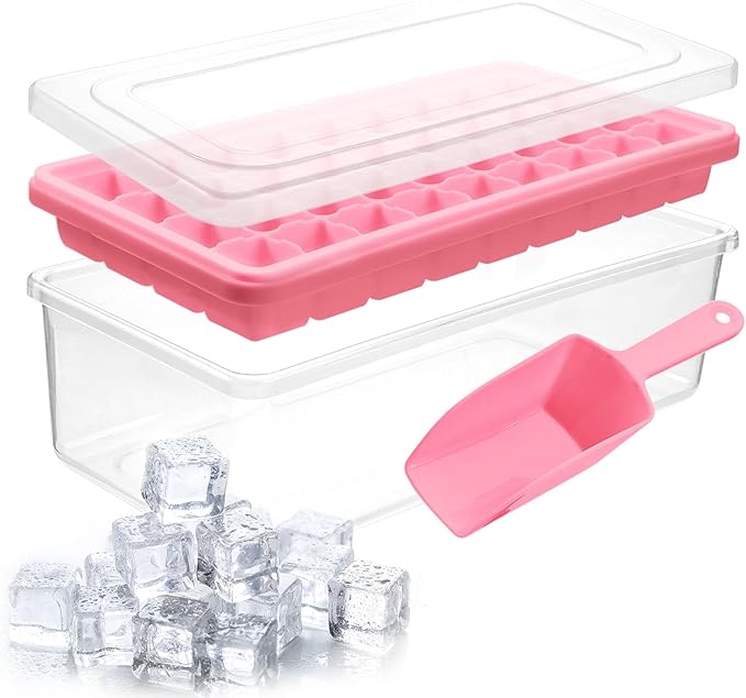 Ice Cube Tray With Lid & Bin | BPA Free Silicone Ice Cube Tray With Lid, Container & Tong | Stackable 36 Nugget Ice Tray for Freezer With Easy Release for Cocktails & Whisky,36 Mini Cubes