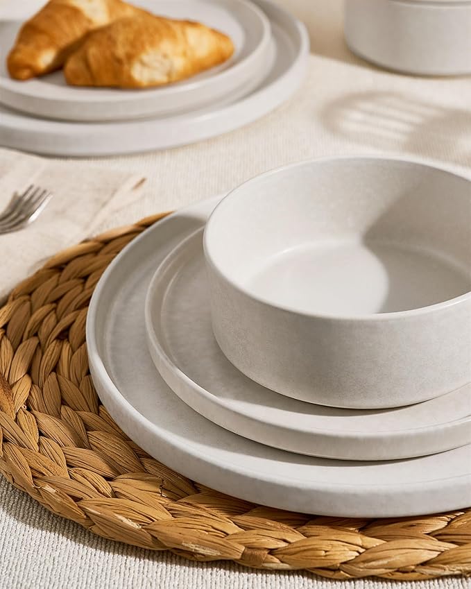 Famiware Nebula Plates and Bowls Sets, 12 Pieces Stoneware Dinnerware Sets, Reactive Glaze Dish Set, Dishes Set for 4, Matte Beige White