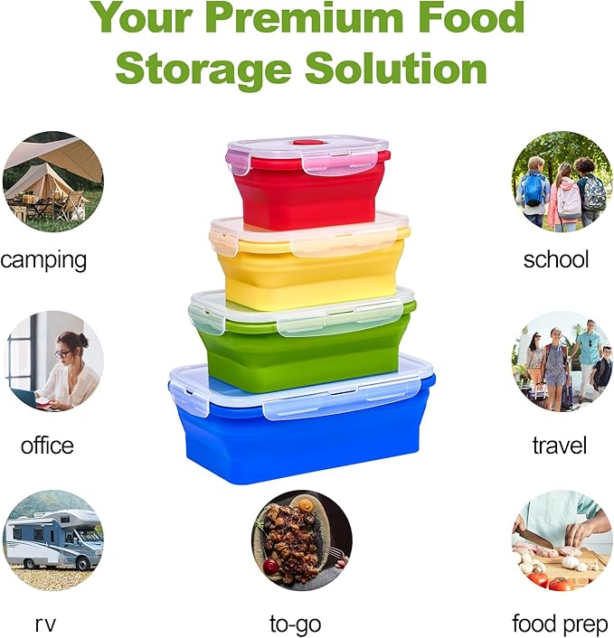 Set of 4 Collapsible Silicone Food Storage Container, Leftover Meal box For Kitchen, Bento Lunch Boxes, BPA Free, Microwave, Dishwasher and Freezer Safe. Foldable Design Saves Your Space.
