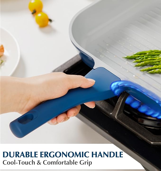 KOCH SYSTEME CS 9.5 Inch Nonstick Grill Pan for Stove Tops, Square Griddle Pan with Pour Spouts, Grill Pan for Indoor Cooking, Grill Skillet with Bakelite Handle, PTFE & PFOA Free, Blue