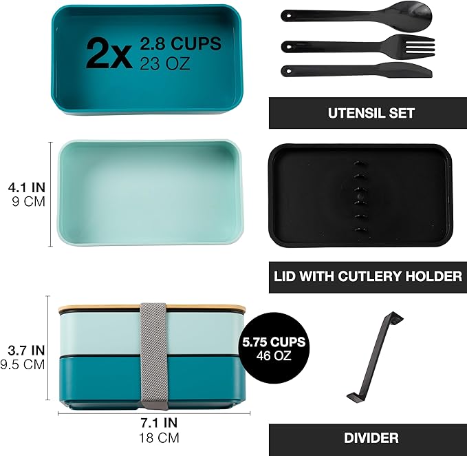 Premium Bento Box for Adults Blue – 2-Tier 46 oz Lunch Container Box with Bamboo Lid, BPA-Free & Leakproof, Microwave & Dishwasher Safe, Includes Food Divider & Cutlery – Ideal for Work & Travel