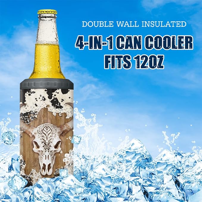 SANDJEST Cow Tumbler Cowgirl 4 in 1 12oz Tumbler Can Cooler Coozie Skinny Stainless Steel Tumbler Gift for Women Girl Daughter Sister Animal Lovers Christmas Birthday