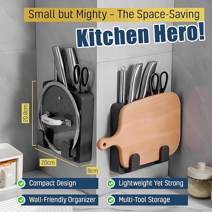 Wall Mounted Knife & Cutting Board Holder – Self-Adhesive Pot Lid and Utensil Organizer with 4 Slots for Knives, Scissors & Kitchen Tools | Space-Saving Under Cabinet Storage Rack