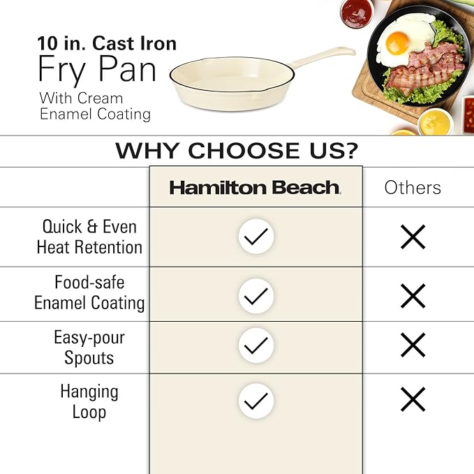 Hamilton Beach Enameled Cast Iron Fry Pan 10-Inch Cream, Cream Enamel Coating, Skillet Pan for Stove Top and Oven