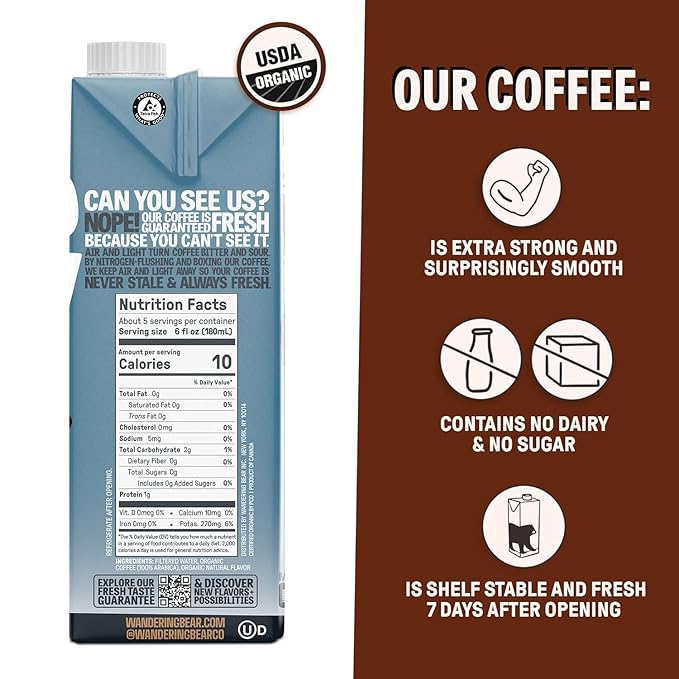 Wandering Bear Organic Vanilla Cold Brew Coffee - Extra Strong, Bold, Smooth, Unsweetened, Shelf-Stable, Ready to Drink, Gluten Free, & Vegan Iced Cold Brewed Coffee Drink - 32 fl oz, 3 pack