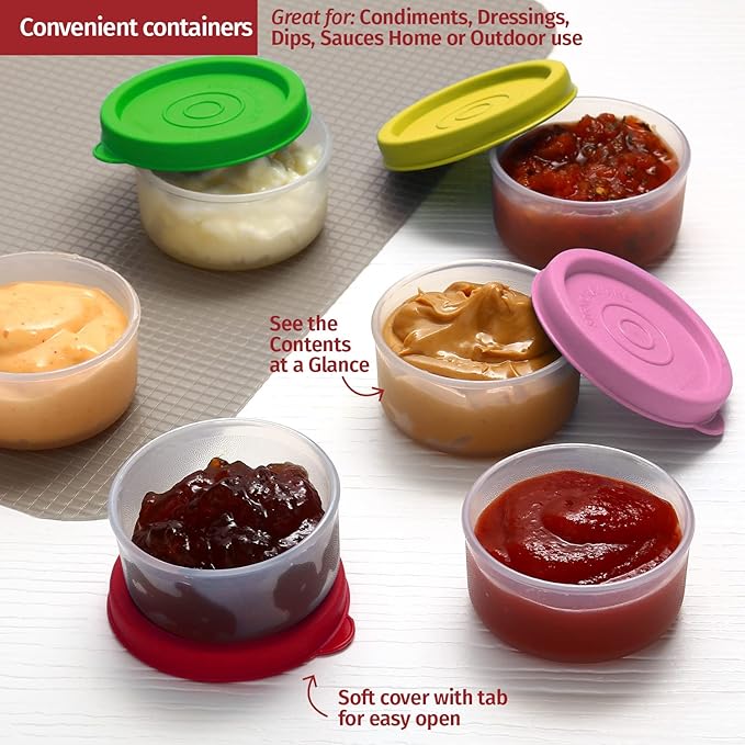 Condiment Cups Containers with Lids- 8 pk. 1.3 oz.Salad Dressing Container to go Small Food Storage Containers with Lids- Sauce Cups Leak proof Reusable Plastic BPA free for Lunch Box Picnic Travel