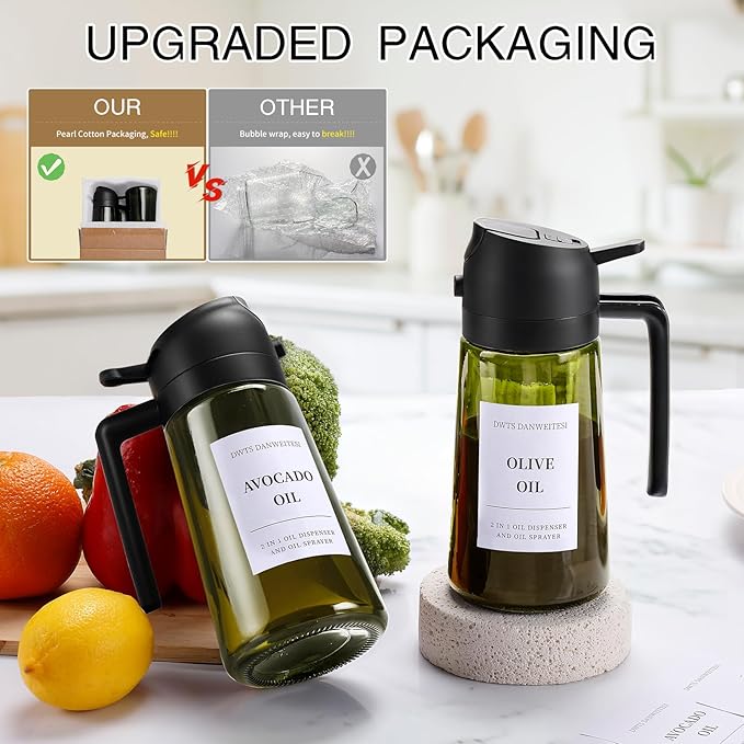 DWTS DANWEITESI Oil Sprayer for Cooking 2pcs,2 in 1 Oil Dispenser and Oil Sprayer Kitchen Gadgets,16oz Dark Green Glass Oil Spray Bottle(Light Blockage),Perfect Kitchen Accessories