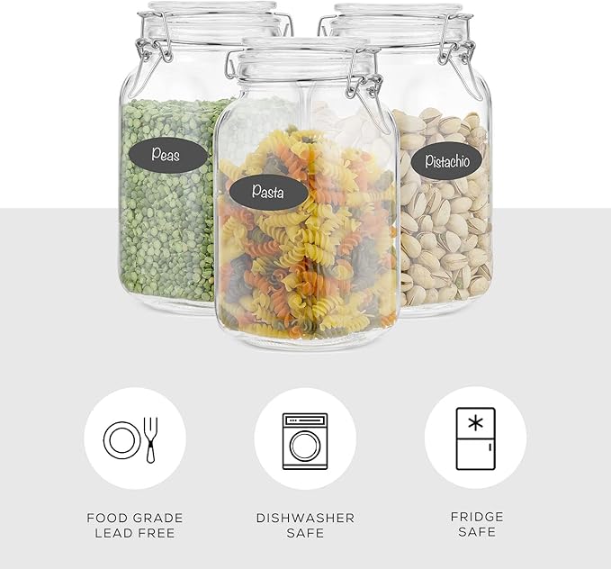 Airtight Glass Jars with Lids Set of 3. 50oz Glass Jar with Lid and 6 Silicone Seals! Med Glass Food Storage Containers. Square Mason Jar, Flour Jar, Candy or Cookie Jars for Kitchen Counter