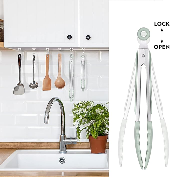 Hotec Premium Stainless Steel Locking Kitchen Tongs with Silicon Tips, Set of 2-9" and 12" Light Green