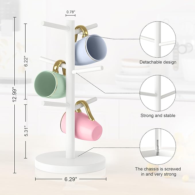 Wisuce White Coffee Mug Tree, Updated Thick Bamboo Mug Holder Base,Coffee Cup Stand Mug Holders with 6 Hooks for Countertop Organizer Stand