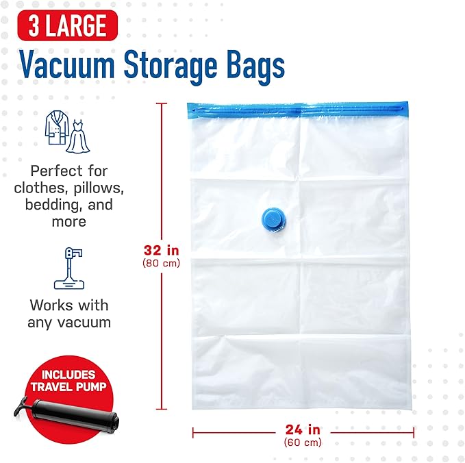 3 Pack Large Vacuum Storage Bags for Comforters, Blankets & Clothes – Vacuum Sealed Compression Bags with Hand Pump – Space Saver Storage Bags for Bedding, Moving, Travel & Organization