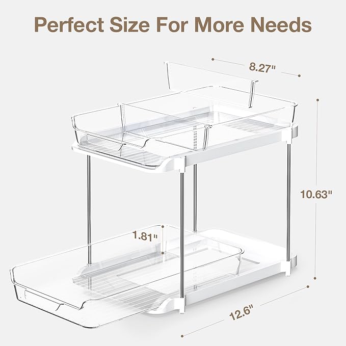 Delamu 2-Tier Multi-Purpose Bathroom Under Sink Organizers and Storage, Stackable Kitchen Pantry Organization, Pull Out Medicine Cabinet Organizer with Movable Dividers, White, 1 Pack