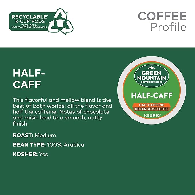 Green Mountain Coffee Roasters Half Caff Keurig Single-Serve K-Cup pods, Medium Roast Coffee, 12 Count