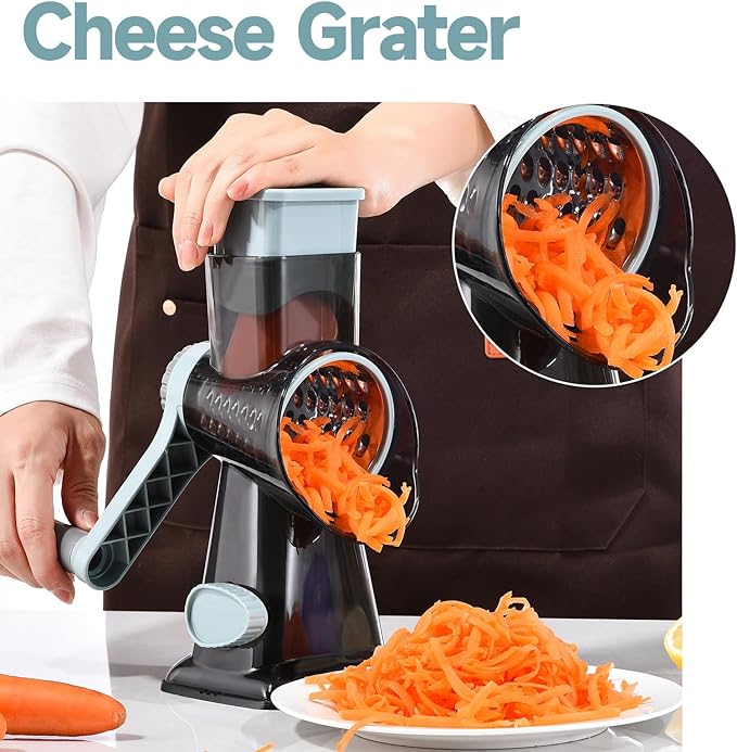 Rotary Cheese Grater with Handle Kitchen Shredder Slicer Grater Slicer Ice Shaver Cheese Vegetable Nuts Potato Zucchini Chocolate 3 Interchangeable Blades (GreyBlue)