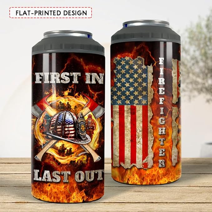 SANDJEST Firefighter Tumbler American Flag 4 in 1 12oz Tumbler Can Cooler Coozie Skinny Stainless Steel Tumbler Gift for Firemen Fire Department Dad Men Father Graduation Retirement