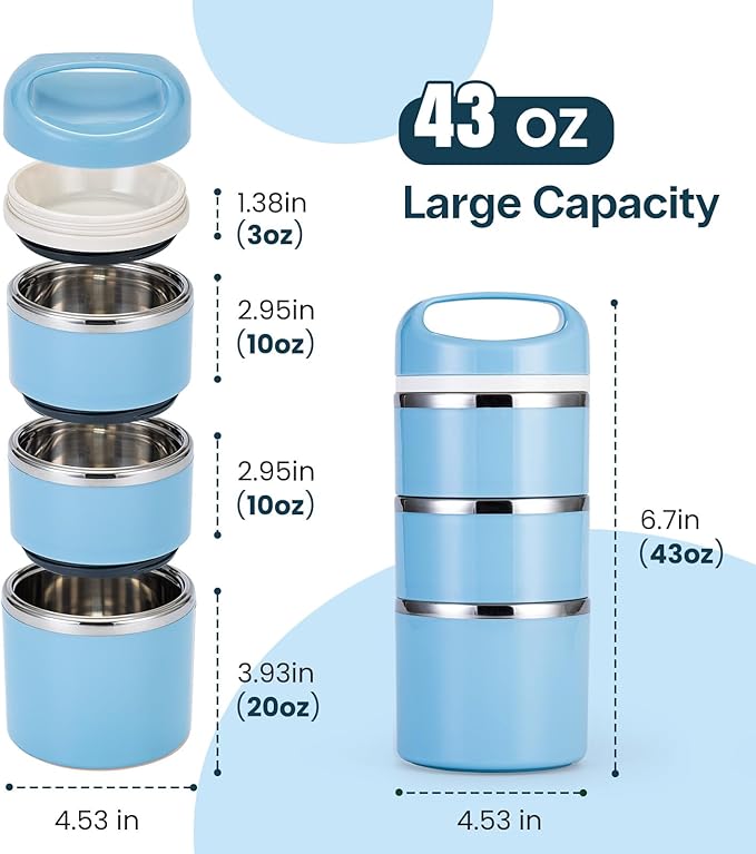 Lille Home Stackable Stainless Steel Lunch Containers, 43OZ Capacity 3 Layers Leakproof Bento Box for Adult, Portable Lunch Box for Women, Man, Travel, Office with Lunch Bag (Blue.Pro)