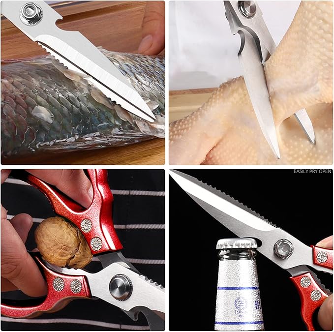AWinjoy Heavy Duty Sharp Kitchen Scissors, Dishwasher Safe, Cooking Shears for Meat, Chicken, Fish, Poultry, Herb, Bread (Red)