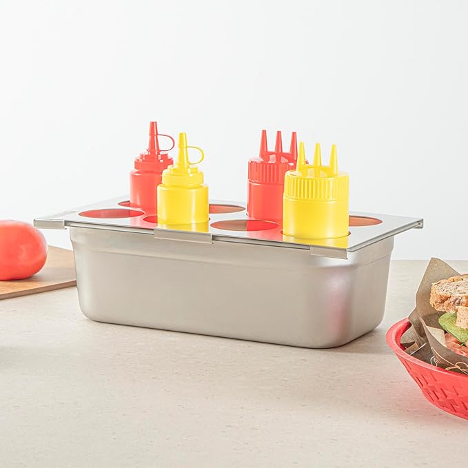 Restaurantware Squeeze Bottle Template Pack of 1 Stainless Steel 8 Hole Holder Top, 2.5" Diameter Fits 1/3 Size Food Pans, Dishwasher Friendly Integrated Lip Design Holder Top for Condiment Bottles