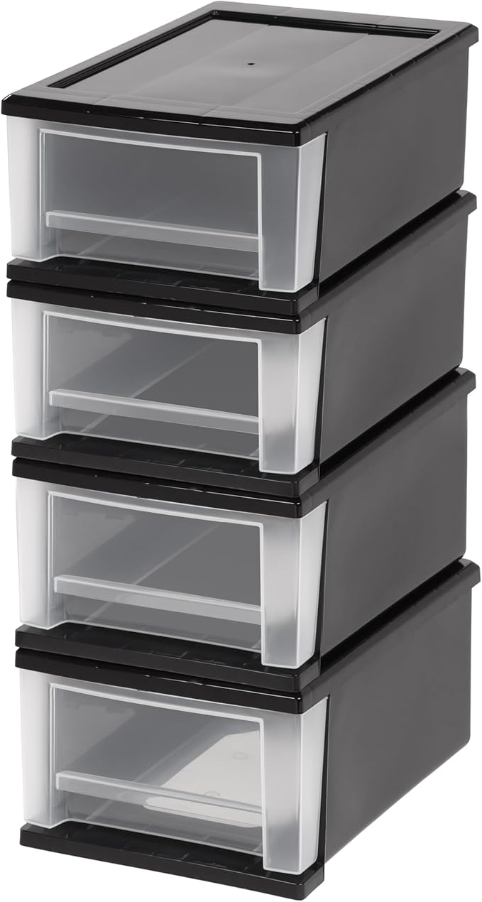 IRIS USA Plastic Stacking, Storage Organizer Unit with Sliding Drawer for Clothes Bedroom Kitchen Under Sink Pantry Craft Room Bathroom Dorm Office, 7 Qt. - 4 Pack, Black