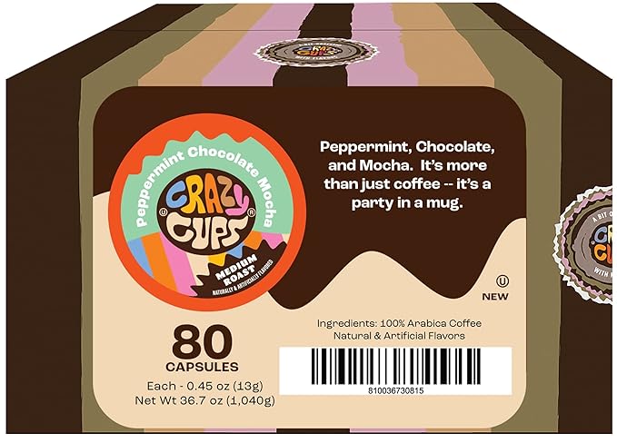 Crazy Cups Flavored Coffee Pods, Peppermint Chocolate Mocha Coffee, Single Serve for Keurig K-Cups Machines, Hot or Iced Medium Roast in Recyclable Pods, 80 Count Value Pack(Pack of 1)