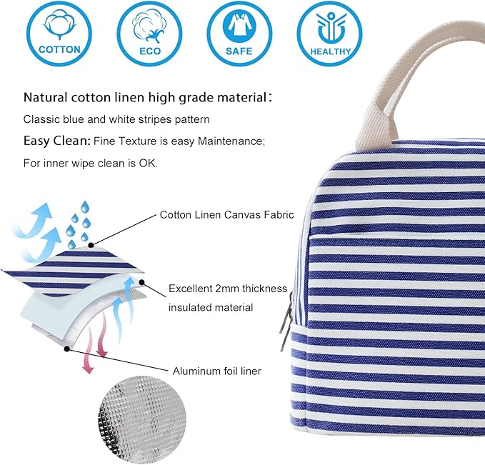 EurCross Blue and White Stripes Lunch Bag Women,Cooler Tote Bag Insulated Lunch Bento Box Bag, Canvas Portable Tote Thermal Bag for Adult Women and Men for Work