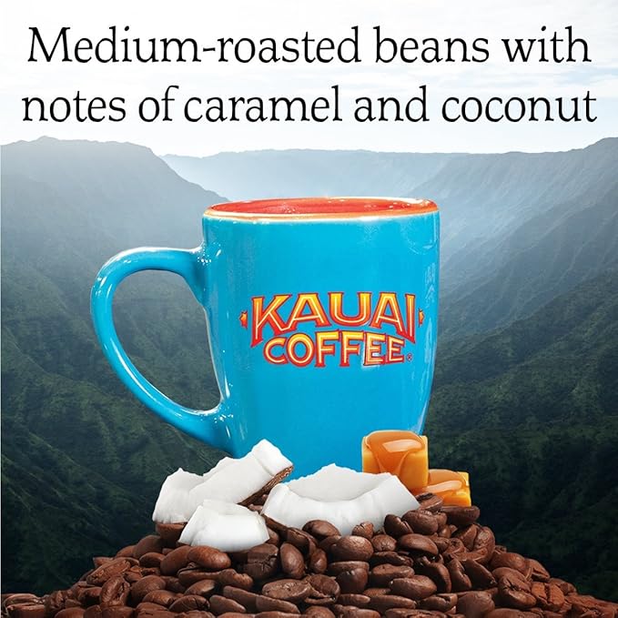 Kauai Coffee Coconut Caramel Crunch Medium Roast - Compatible with Keurig Pods K-Cup Brewers (4 Packs of 12 Single-Serve Cups)