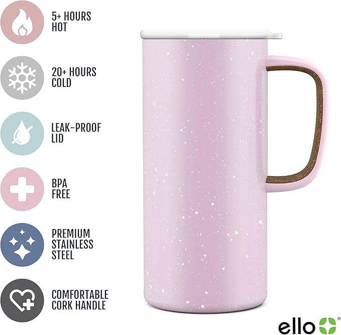 Ello Campy 18oz Stainless Steel Travel Mug with Handle and Leak Proof Lid | Vacuum Insulated Coffee Cup for Hot or Cold Drinks | Reusable, BPA Free | Gift for Coffee Lovers, Pink Satin