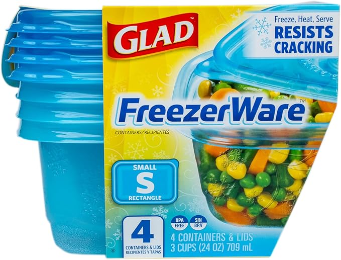 Glad GladWare Freezerware Food Storage Containers - Small Rectangle - Meal Container Holds up to 24 Ounces of Food - Lock Tight Seal, 4 Count
