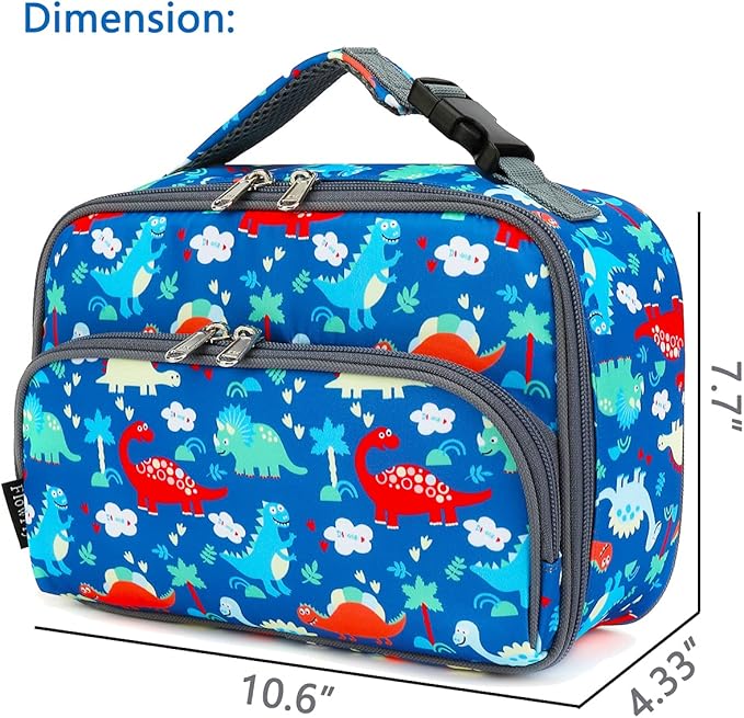FlowFly Kids Lunch box Insulated Soft Bag Mini Cooer Back to School Thermal Meal Tote Kit for Girls, Boys,Dinosaur