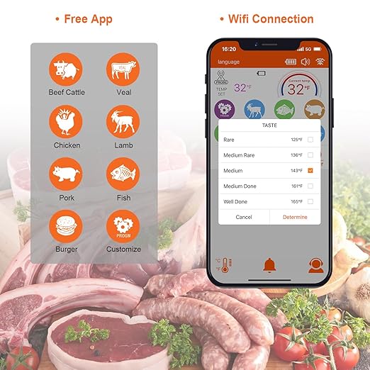 Wireless Meat Thermometer – Digital Cooking Thermometer with Wireless Probe – 500Ft Remote Range Food Thermometer – with iOS & Android Read App -Preprogrammed Temperatures for BBQ, Oven, Grill