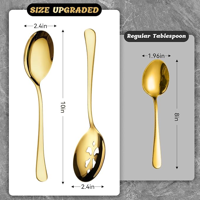 6 Piece Stainless Steel Serving Spoon Set - 3 Large, 3 Slotted,Dishwasher Safe,10-Inch,Gold, for Parties/Kitchen/Buffet/Catering