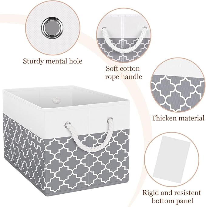 Fab totes Storage Bins [2-Pack], Foldable Storage Baskets for Organizing Toys, Books, Shelves, Closet, Large Storage Box with Rope Handles, Sturdy Organizer Bins,Clover Grey