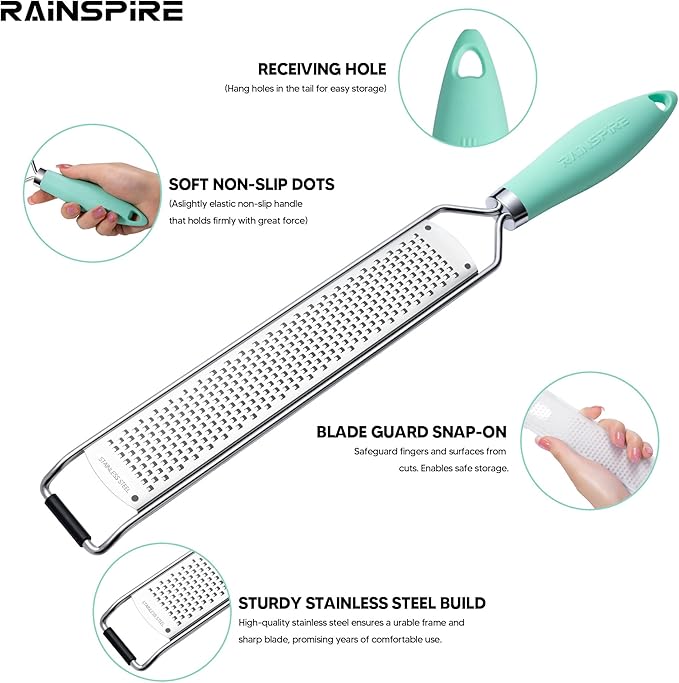Rainspire Zester Grater with Handle, Lemon Zester Cheese Grater for Kitchen Stainless Steel, Parmesan Cheese Garlic Nutmeg Chocolate Fruits Vegetables Ginger Grater, Fine, Mint Green