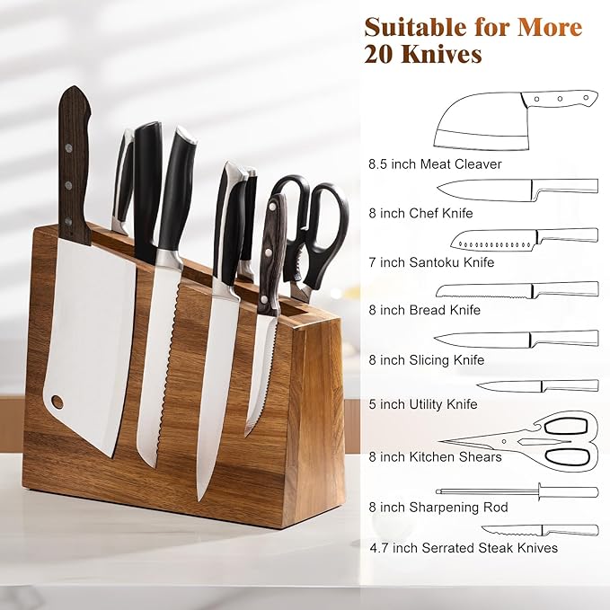 XXXL Magnetic Knife Block 11.8x10 inches, 4-Side Universal Knife Holder Builted in Powerful Magnet, Natural Acacia Wood Knife Storage Organizer for Kitchen Display