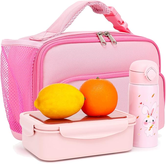 FlowFly Kids Lunch box Insulated Soft Bag Mini Cooer Back to School Thermal Meal Tote Kit for Girls, Boys,Pink