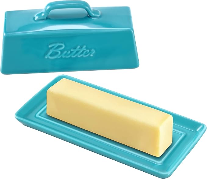 Bruntmor Porcelain Butter Keeper With Handle Cover, French Butter Dish Ceramic Butter Holder Container for Countertop, Butter Dish with Lid, Teal