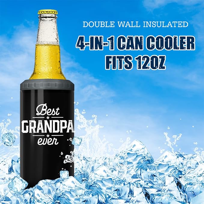 SANDJEST 4-in-1 Grandpa Tumbler Gifts for Papa from Grandkids - 12oz Best Grandpa Ever Can Cooler Tumblers Cup - Stainless Steel Insulated Cans Coozie Christmas, Birthday, Father's Day Gift for Papas