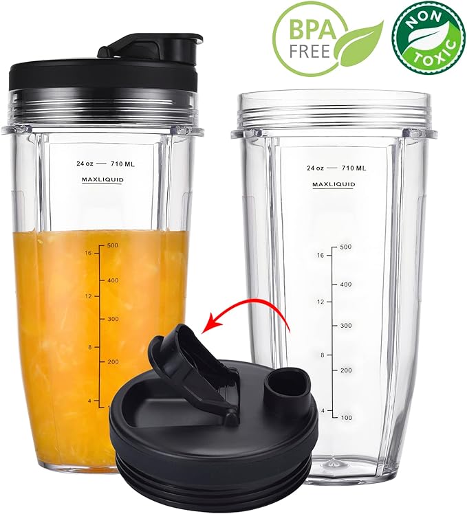 Replacement 24oz Cups for Nutri Ninja Blenders, Blender Replacement Parts with Upgraded Lid for BL450 BL454 BL480 BL482 BL640 BL642 BL682 BN801 SS101 SS351 SS401, Ninja Blender Auto IQ Blade, 2 Packs