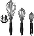 Silicone Whisk, Eddeas Stainless Steel & Silicone Non-Stick Coated Whisks set of 3-Heat Resistant Kitchen Whisks, Balloon Egg Beater Perfect for Blending, Whisking, Beating & Stirring, Black