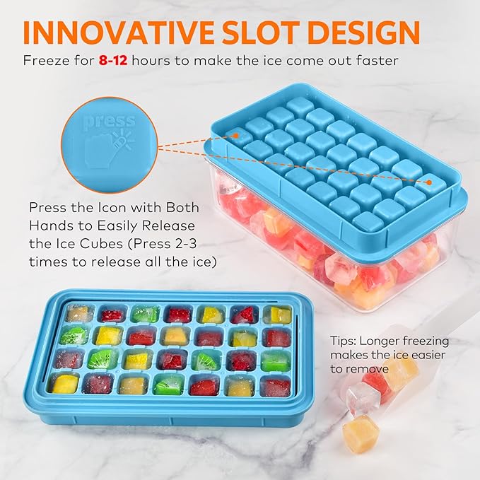 Longzon Ice Cube Tray with Lid and Bin, 56 Pcs Ice Cube Trays for Freezer, Ice Cube Mold, Ice Molds Spill-Resistant Removable Lid & Ice Scoop, Ice Mold for Whiskey Cocktail, Tea, Coffee -Blue