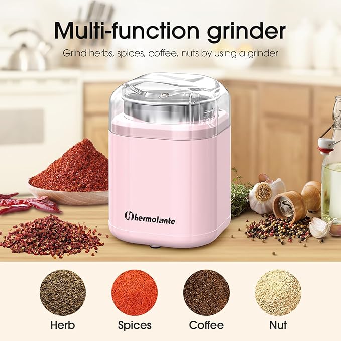 Herb and Spice Grinder, 200W Electric With Stainless Steel Blade, Cleaning Brush - Compact Size 5.11in (Pink)