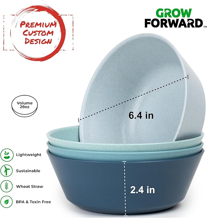 Grow Forward Premium Wheat Straw Plates and Bowls Sets - 8-Piece Wheat Straw Dinnerware Sets - Unbreakable & Reusable Microwave Safe Plastic Dinner Plates for Outdoors, RV, Camping Dishes - Seascape