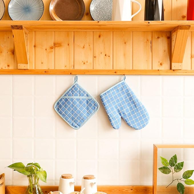 Oven Mitts and Potholders BBQ Gloves-Oven Mitts and Pot Holders with Recycled Infill Silicone Non-Slip Cooking Gloves for Cooking Baking Grilling (4-Piece Set,Blue)