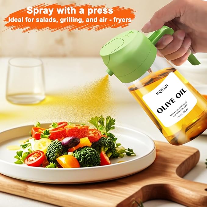 2 in 1 Glass Oil Sprayer & Dispenser,16oz/470ml Olive Cooking, Air Fryer, and Salad, for Kitchen Gadgets and Air Fryer Accessories, w/Stickers (Green)