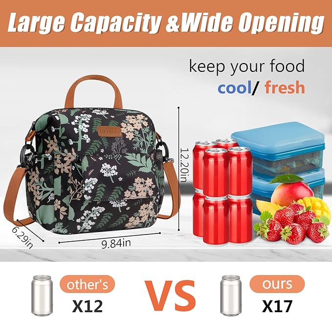 Joymee Lunch Bag Women Insulated Lunch Box Reusable Leakproof Large Spacious Cooler Tote for Women Men Adult with Bottle Holder and Side Pockets for Work Office Travel Picnic -08 Green Leaf
