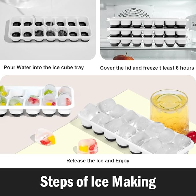 DclobTop Ice Cube Trays for Freezer - 3 Pack 42 Ice Cubes, Easy to Release Plastic Silicone Trays with Spill-Resistant Lids, Reusable Stackable Tray for Cocktails, Drinks and Coffee, BPA-Free,Black