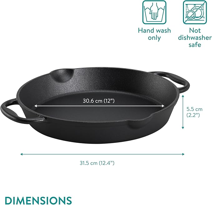 Navaris Cast Iron Skillet Pan - Oven Safe 2 Handle Frying Skillets - Pre Seasoned Pans for Stove or BBQ Cooking - 12 Inch / 30cm