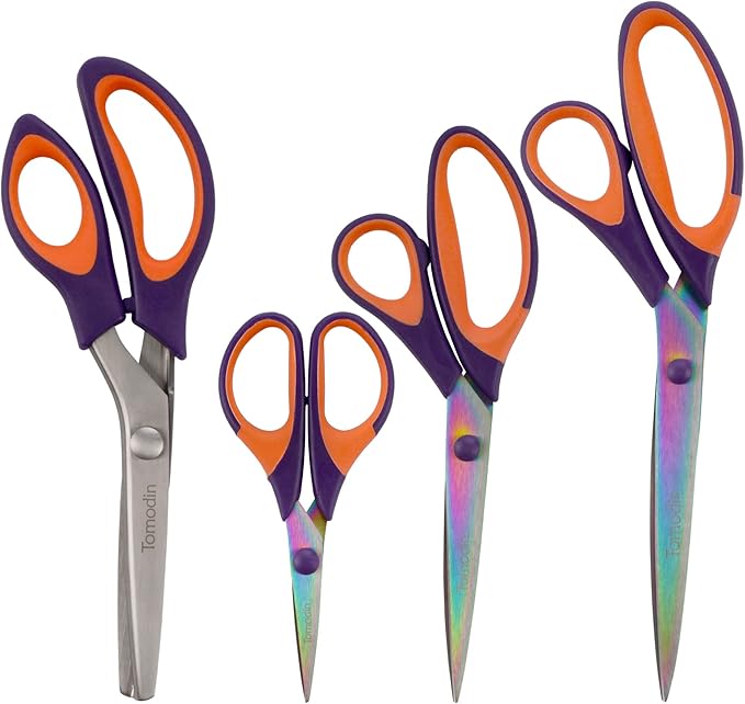 BambooMN Titanium Softgrip Scissors Set - Pinking, Sewing, Arts, Crafts, Office - 10 Sets of 4 - Purple w/Orange