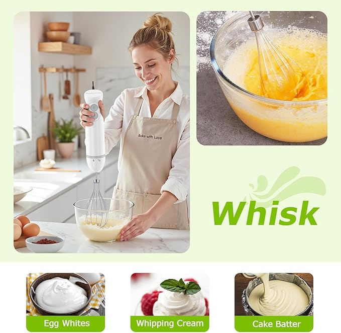 Bonsenkitchen Hand Blender, Immersion Blender with 2 Mixing Speed, 4-In-1 Stainless Steel Handheld Stick Mixer with Egg Whisk, Beaker & Chopper Bowl, for Baby Food, Soups, Smoothies, White
